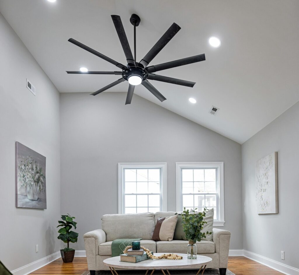 Spacious living room with contemporary decor and stylish furniture.